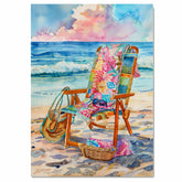 Watercolor Painting of Patterned Beach Chair with Towels Sunglasses and Bags on Shoreline at Sunset with Ocean Waves on Ready to Hang 1.5" Thick Canvas Wrap, Floating Framed Canvas, Flat Rolled Canvas